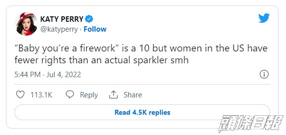 Katy以自己的歌曲《Firework》，表達美國女性的權利比煙花還少。