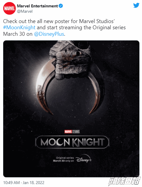 MCU公佈《Moon Knight 月光騎士》將於3月30日上架Disney+，總共有6集。