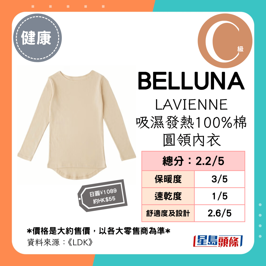 「BELLUNA」LAVIENNE 吸湿发热100%棉圆领内衣 总分：2.2；保暖度：3