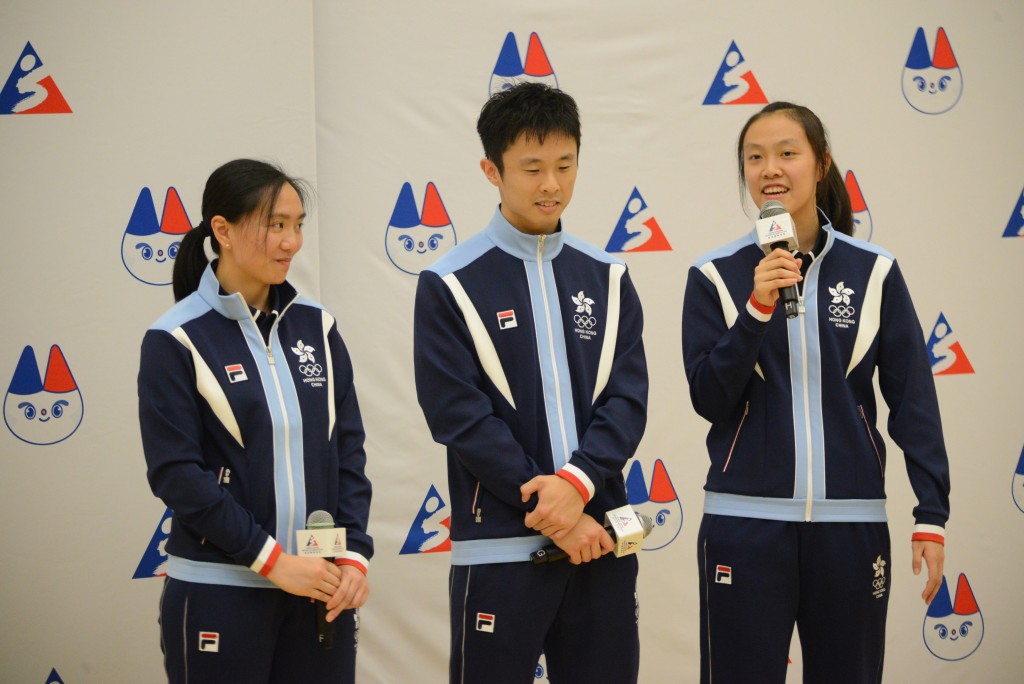 左至右：陈善钰、黎卓楠、谢依霖在传媒见面会上分享自己的近况。杨功煜摄