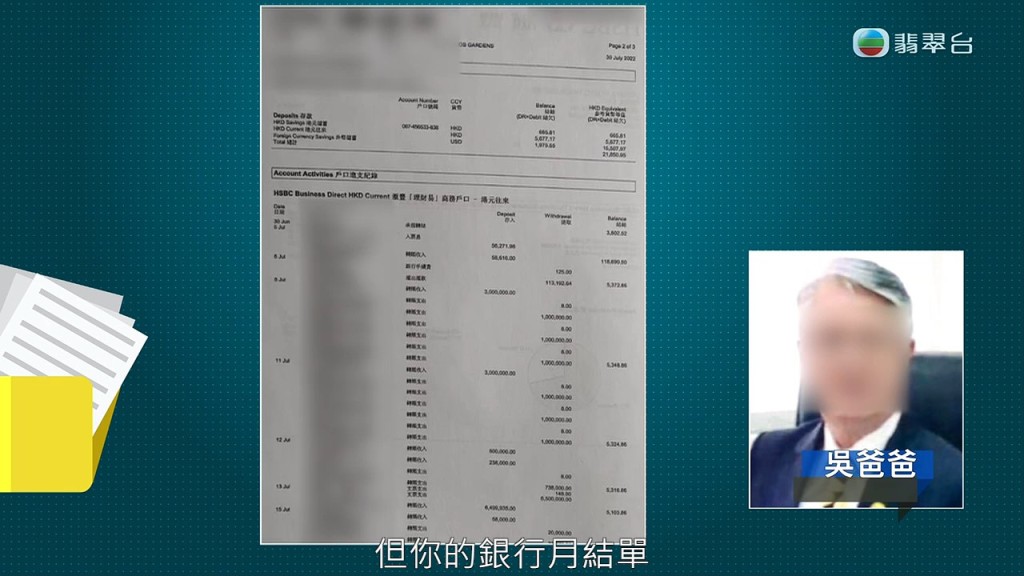 吴小姐起始指看完爸爸的月结单，有逾1,600万存入。