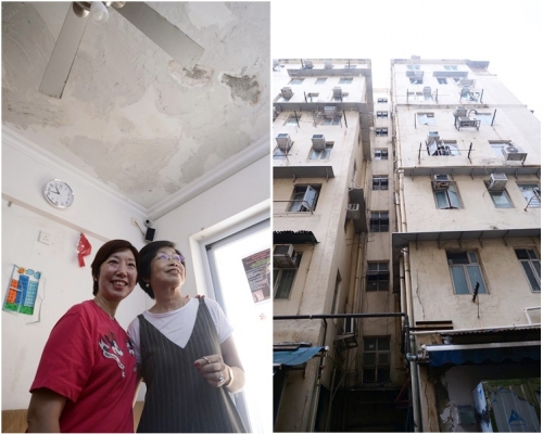 陳太（紅衣）指業主一直擔心剝落的外牆石屎會傷及崇安街一邊購買的自由行旅客。