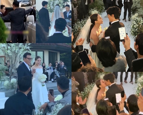 GD送家姐出嫁,達美挽著權爸爸進場,與金敏俊禮成後甜蜜咀嘴。(網圖)