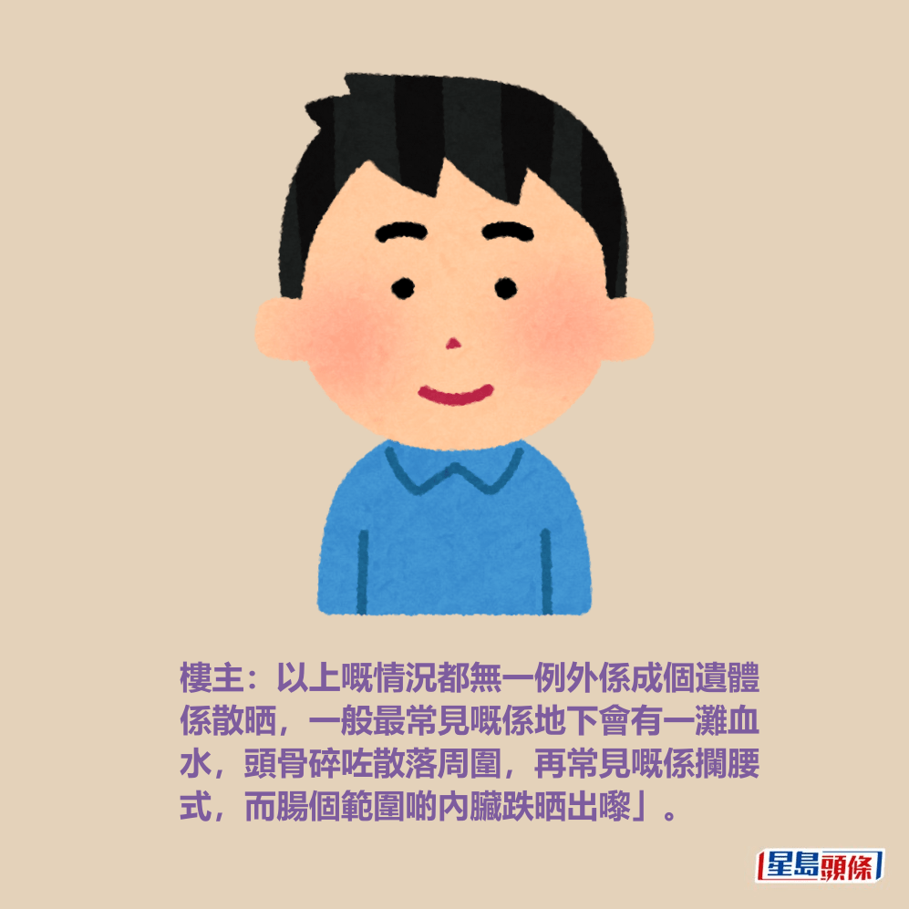 樓主:以上嘅情況都無一例外係成個遺體 係散晒,一般最常見嘅係地下會有一灘血 水,頭骨碎咗散落周圍,再常見嘅係攔腰 式,而腸個範圍啲內臟跌晒出嚟」。 樓主:以上嘅情況都無一例外係成個遺體 係散晒,一般最常見嘅係地下會有一灘血 水,頭骨碎咗散落周圍,再常見嘅係攔腰 式,而腸個範圍啲內臟跌晒出嚟」。