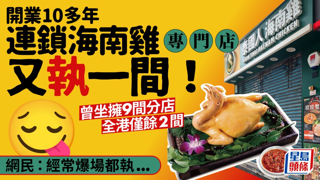 泰國人海南雞又執一間！曾坐擁9間分店全港僅餘2間 網民：經常爆場都執...