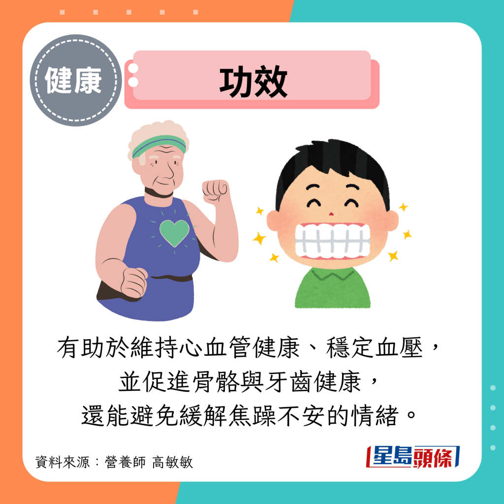 功效：有助於維持心血管健康、穩定血壓， 並促進骨骼與牙齒健康， 還能避免緩解焦躁不安的情緒。