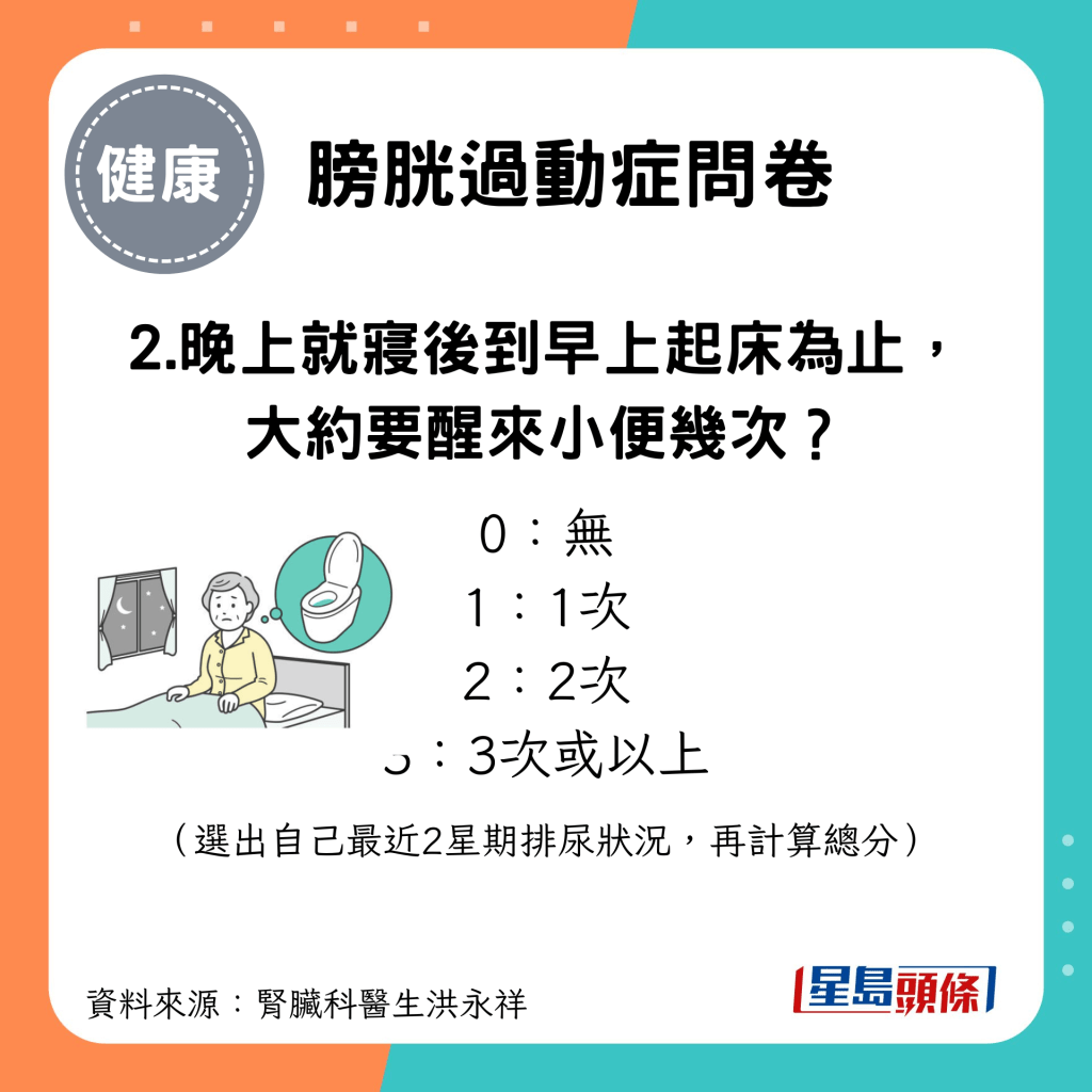 自测膀胱过动症 2.晚上就寝后到早上起床为止，大约要醒来小便几次？