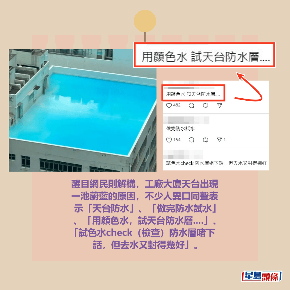 醒目網民則解構,工廠大廈天台出現 一池蔚藍的原因,不少人異口同聲表 示「天台防水」、「做完防水試水」 、「用顏色水,試天台防水層....」、 「試色水check(檢查)防水層啫下 話,但去水又封得幾好」。Threads截圖 醒目網民則解構,工廠大廈天台出現 一池蔚藍的原因,不少人異口同聲表 示「天台防水」、「做完防水試水」 、「用顏色水,試天台防水層....」、 「試色水check(檢查)防水層啫下 話,但去水又封得幾好」。Threads截圖