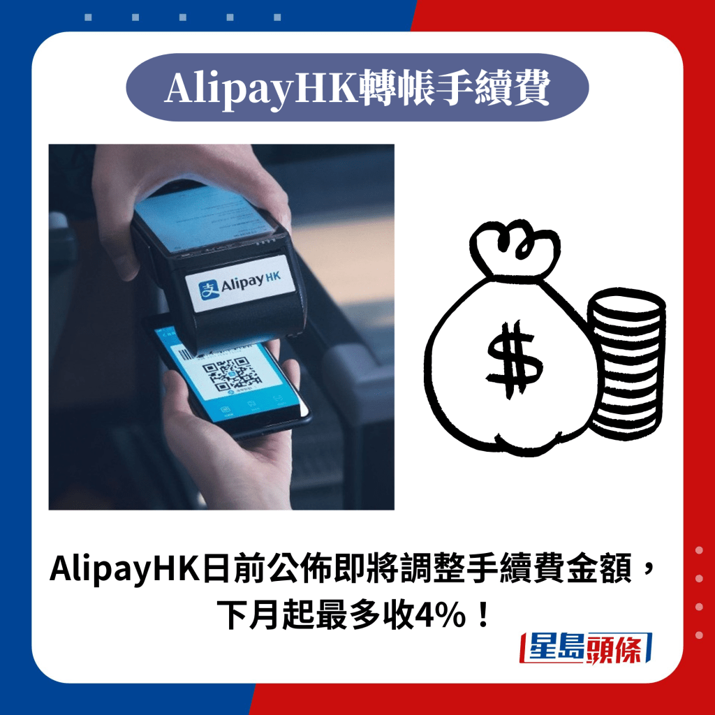 AlipayHK日前公佈即將調整手續費金額，下月起最多收4%！