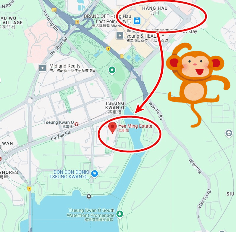 猴子進一步由坑口走向將軍澳海濱公園附近。Ｇoogle地圖截圖