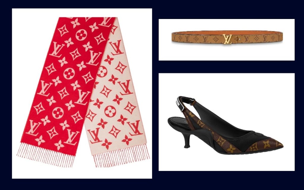 左/ Simply LV Scarf/$4,500; 右上/ LV Iconic 20mm Reversible Belt/$3,250; 右下/Archlight Slingback矮跟鞋/$8,400。 左/ Simply LV Scarf/$4,500; 右上/ LV Iconic 20mm Reversible Belt/$3,250; 右下/Archlight Slingback矮跟鞋/$8,400。
