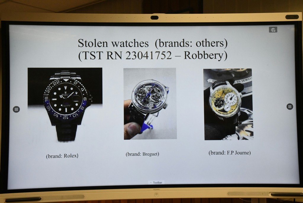 警方展示損失的3隻其餘牌子名錶圖片。徐裕民攝