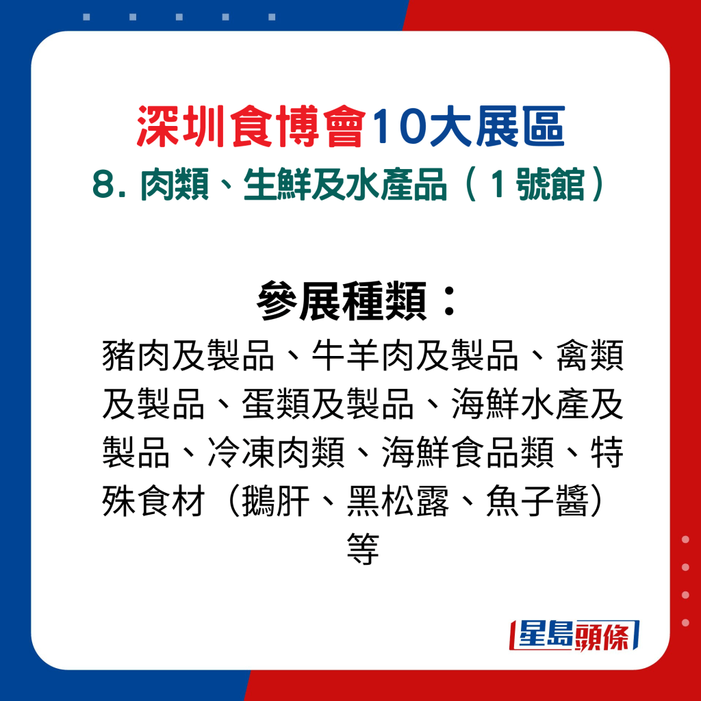 深圳食博會10大展區主題：８. 肉類、生鮮及水產品（１號館）