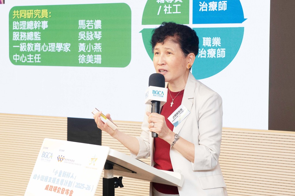 許娜娜博士分享研究數據,跨專業早期介入改善升小SEN學童適應力。 許娜娜博士分享研究數據,跨專業早期介入改善升小SEN學童適應力。
