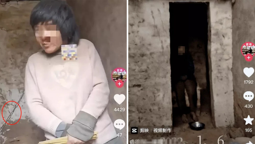 江苏一名女子育有8孩之母疑因精神病被老公用铁链锁颈。