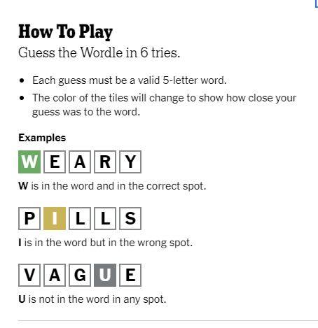 玩家要在一天內用最多6次機會猜中某個有5個英文字母的詞彙。網頁圖