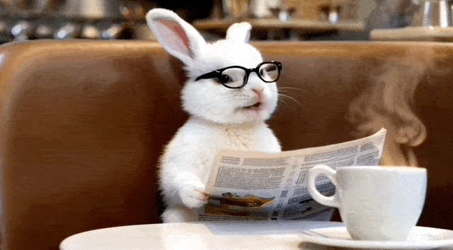 提示词：一只戴著眼镜，喝咖啡看报纸的兔子。