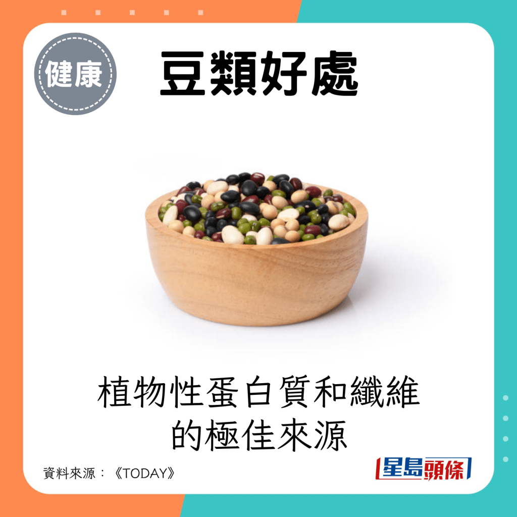 豆類好處：植物性蛋白質和纖維的極佳來源。