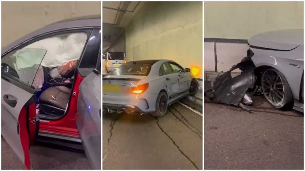 平治私家車撞隧道牆車頭盡毀。網片截圖