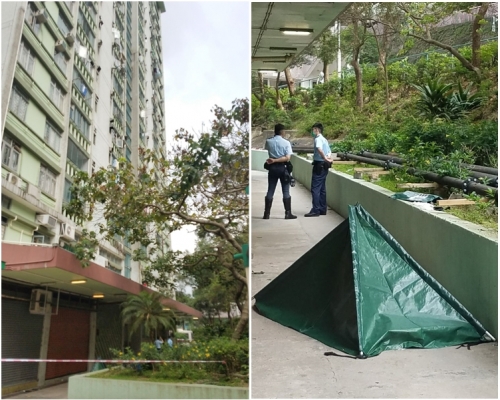 女傭倒臥大廈花槽旁,救護員到場證實當場死亡,警方封鎖現場。