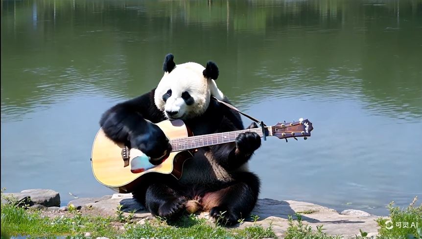 提示词：水边弹吉他的熊猫。