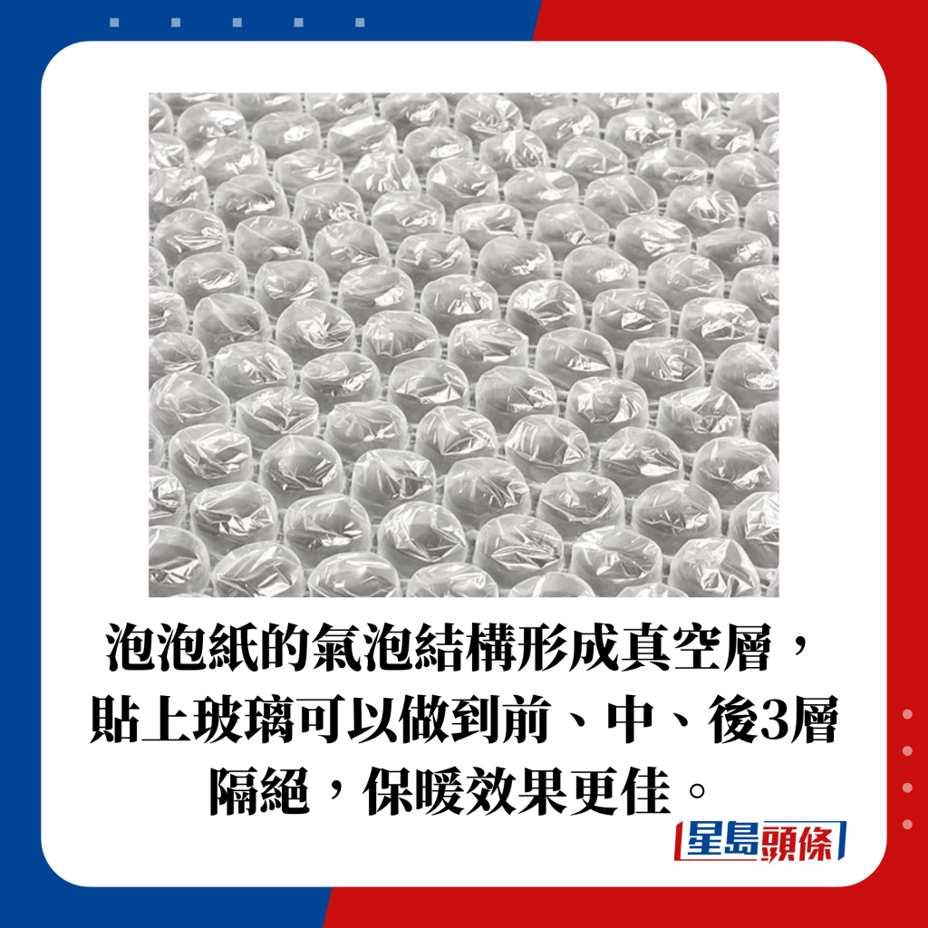 泡泡紙的氣泡結構形成真空層， 貼上玻璃可以做到前、中、後3層 隔絕，保暖效果更佳。