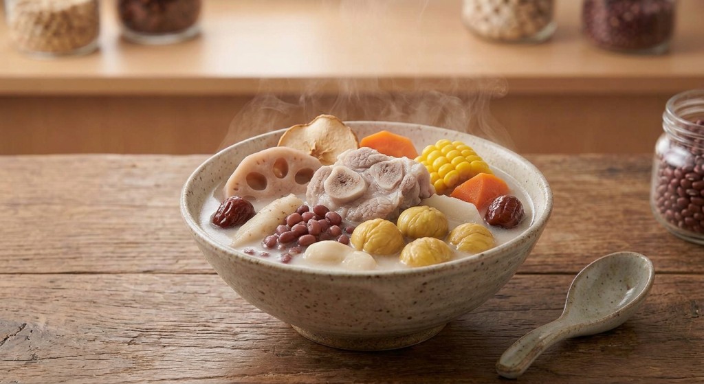 蓮藕栗子赤小豆扁豆豬骨湯(圖片由AI生成,只供參考) 蓮藕栗子赤小豆扁豆豬骨湯(圖片由AI生成,只供參考)