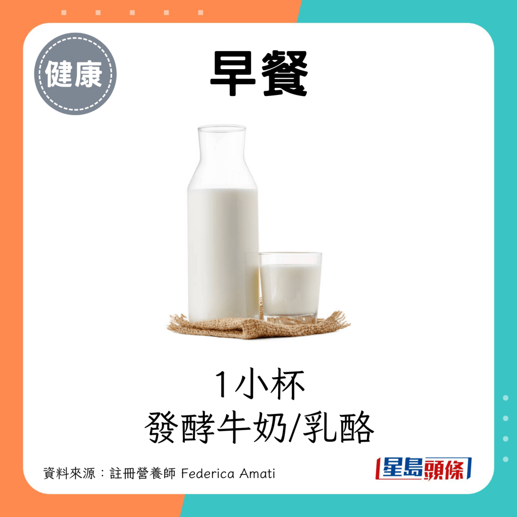 早餐：1小杯發酵牛奶/乳酪。