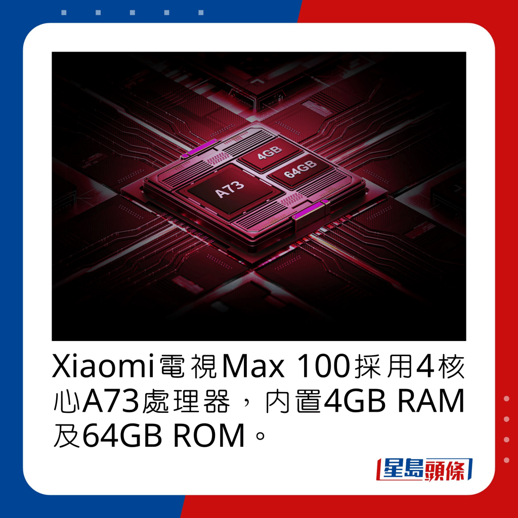 Xiaomi电视Max 100采用4核心A73处理器，内置4GB RAM及64GB ROM。