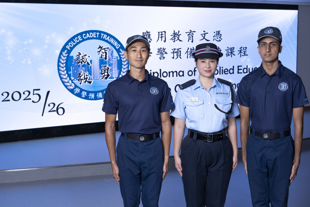 李誠展(Jack)、蕭霖子(阿子)、李都滿(Ali)（左至右）分享從警志向和參與「學警預備訓練課程」的心路歷程。 警方提供