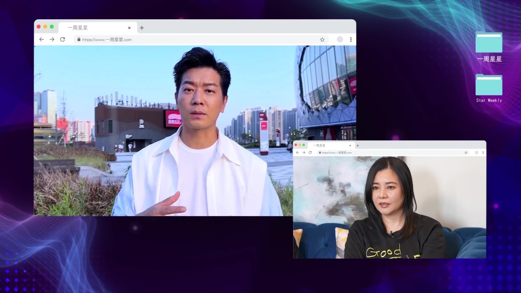黎諾懿在戶外錄製短片隔空向嘉賓出題發問，蒙嘉慧專心細聽好友的趣味提問。