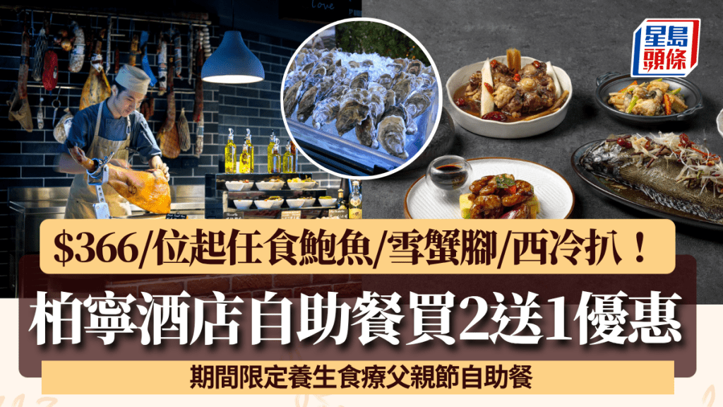 柏寧酒店PLAYT自助餐買2送1!任食雪蟹腳/西冷扒/鮑魚/點心 人均$366起食足2.5小時