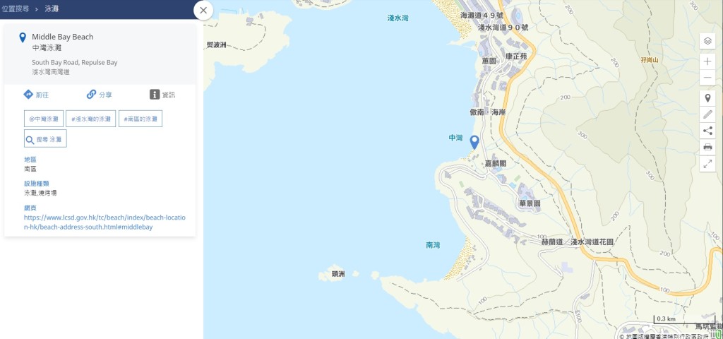 中湾位于港岛东南部，邻近浅水湾及南湾。网上截图