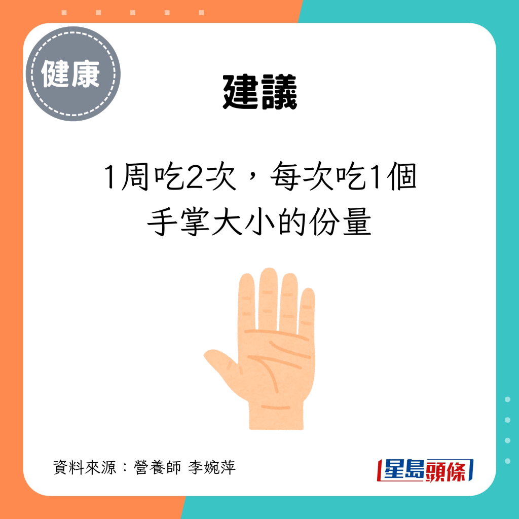 建议1周吃2次，每次吃1个手掌大小的份量