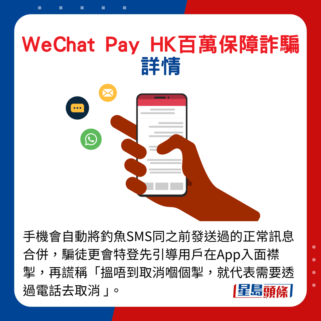 手機會自動將釣魚SMS同之前發送過的正常訊息合併，騙徒更會特登先引導用戶在App入面襟掣，再謊稱「搵唔到取消嗰個掣，就代表需要透過電話去取消 」。