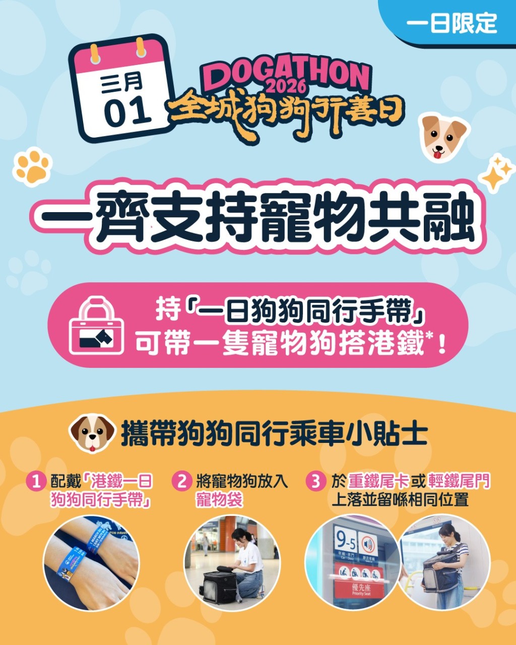 每程可携带一只宠物狗，乘搭港铁重铁路线（机场快线、香港西九龙站、马场站、罗湖站、落马洲站、港铁巴士及接驳巴士除外）和轻铁出行，使用次数不限。