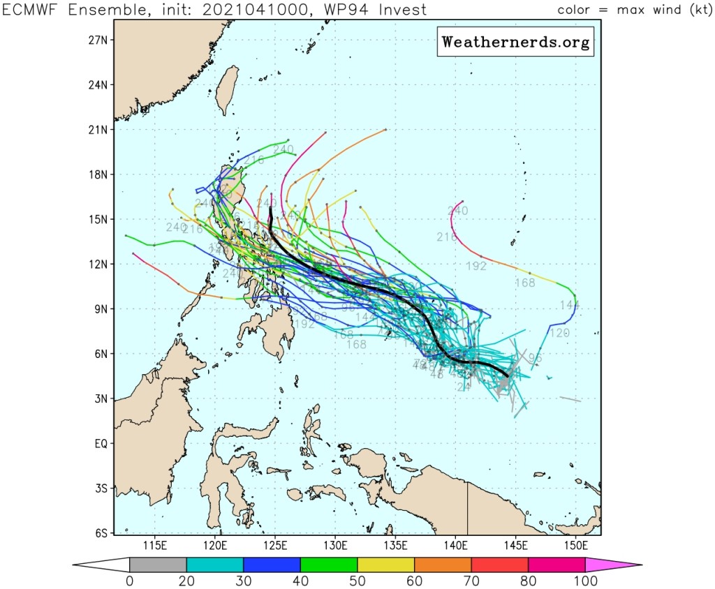 歐洲中期預報（ECMWF）集合預報顯示潛在熱帶氣旋比較有可能趨向菲律賓。網上圖片