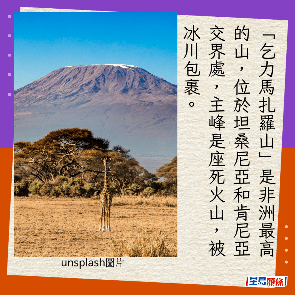 「乞力馬扎羅山」是非洲最高的山，位於坦桑尼亞和肯尼亞交界處，主峰是座死火山，被冰川包裹。