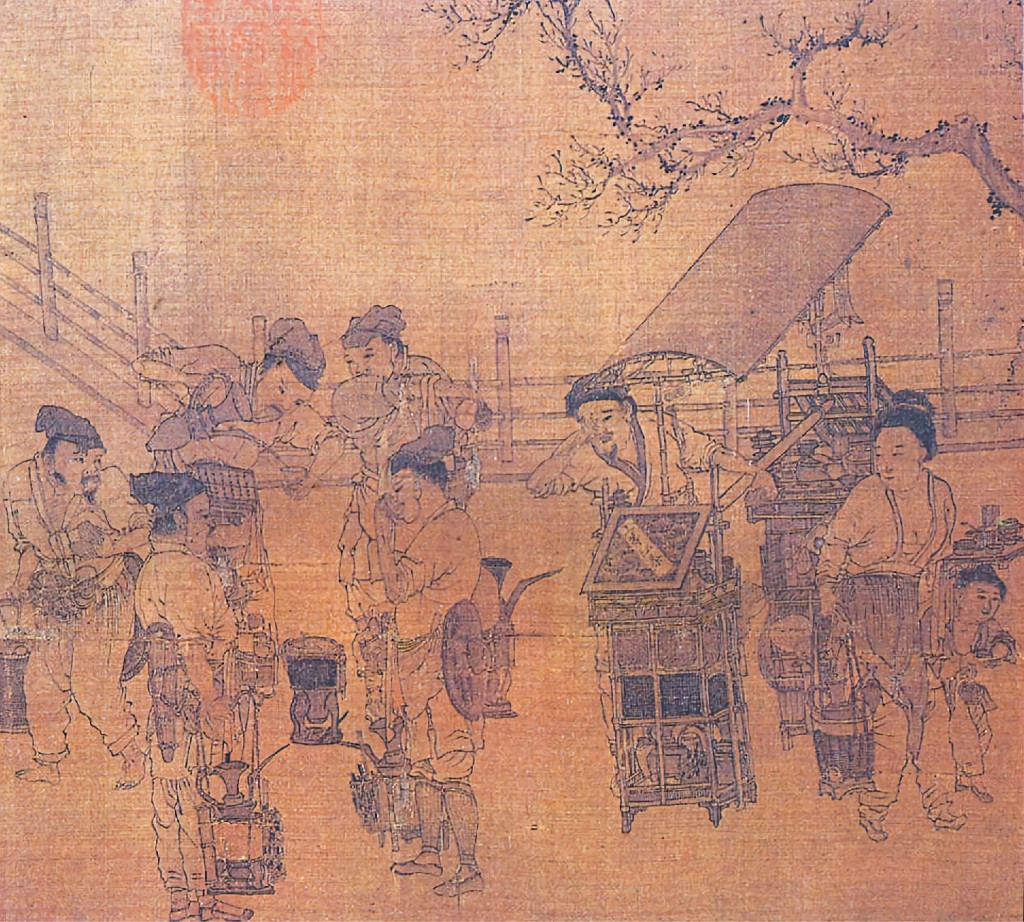 南宋畫家劉松年所繪的《茗園賭市圖》，描繪了五個參與鬥茶的男子，他們隨身攜帶茶爐及茶壺，有人往茶杯中注湯，有人正在品飲。圖為《茗園賭市圖》中展現的鬥茶場景。