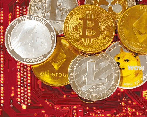 各種加密貨幣的示意圖,包括比特幣和DogeCoin等。