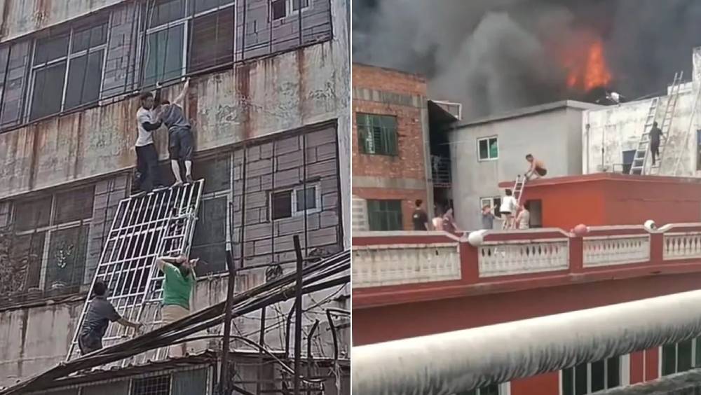 福建晉江鞋廠火災，據報有路過的攀岩高手「頭撐防盜網」徒手爬牆勇救3人。 瀟湘晨報