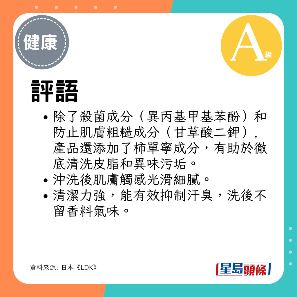 除了杀菌成分（异丙基甲基苯酚）和防止肌肤粗糙成分（甘草酸二钾），产品还添加了柿单宁成分，有助于彻底清洗皮脂和异味污垢。