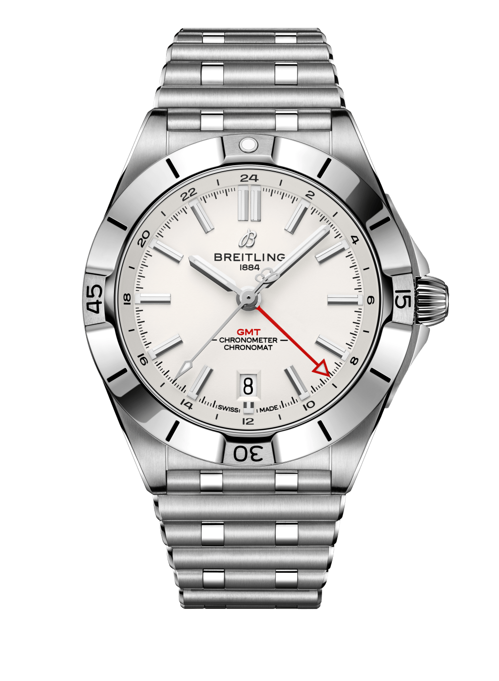 Breilting Chronomat Automatic GMT 40，錶殼：40mm不鏽鋼/ 機芯：Breitling 32自動/ 售價：$45,300。