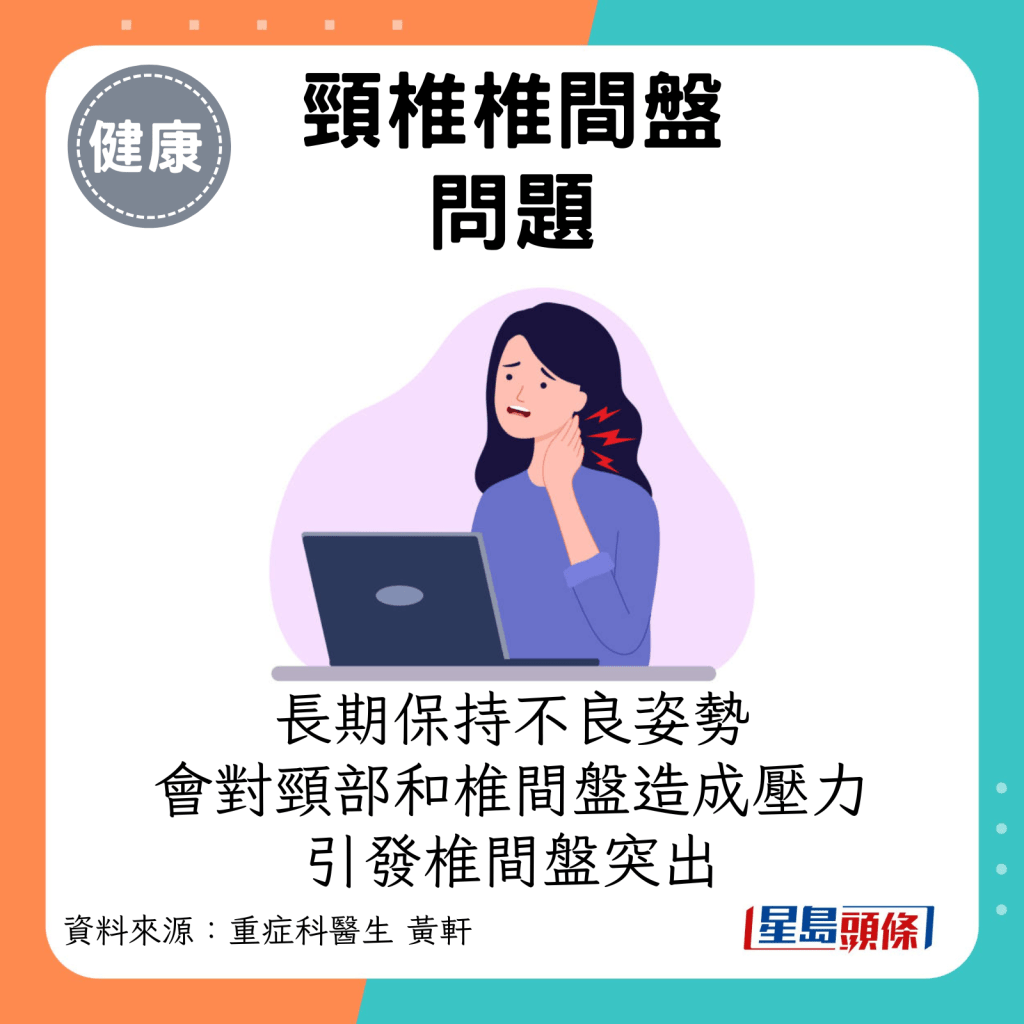 頸椎椎間盤問題：長期保持不良姿勢，會對頸部肌肉和椎間盤造成壓力，導致肌肉緊繃、酸痛，引發椎間盤突出