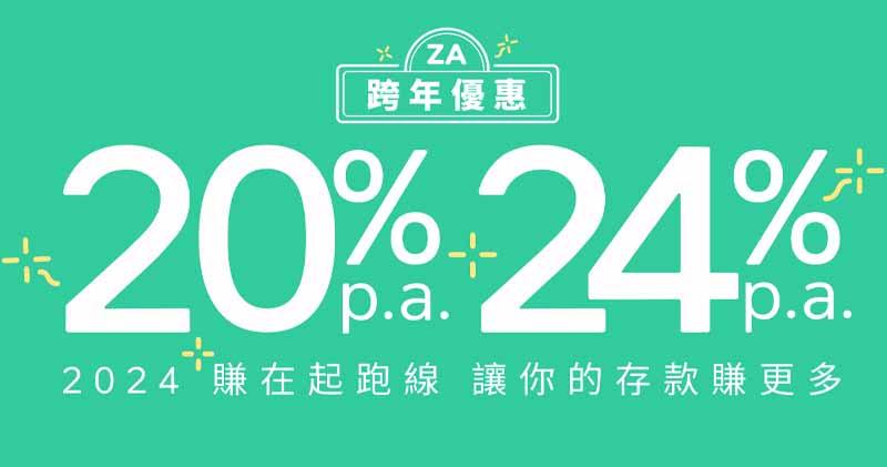虛擬銀行ZA Bank公布，加息「星期二」活動將會延續至今年3月底，同時加入「每周限時搶24厘美元定存」及「儲活期贏20厘港元定存」。