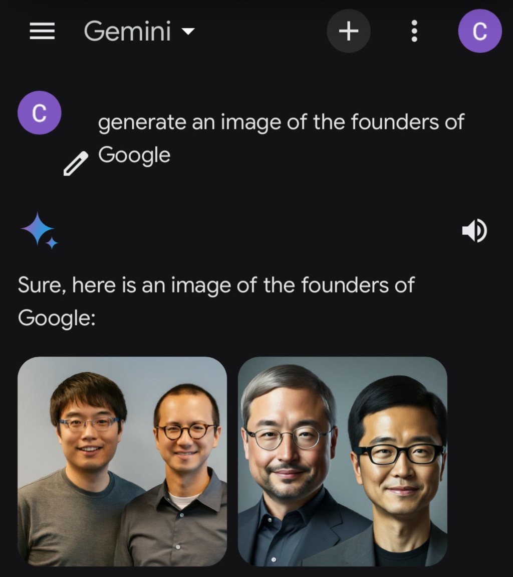 Gemini似乎不认识Google创办人，生成图像不怎么像样。