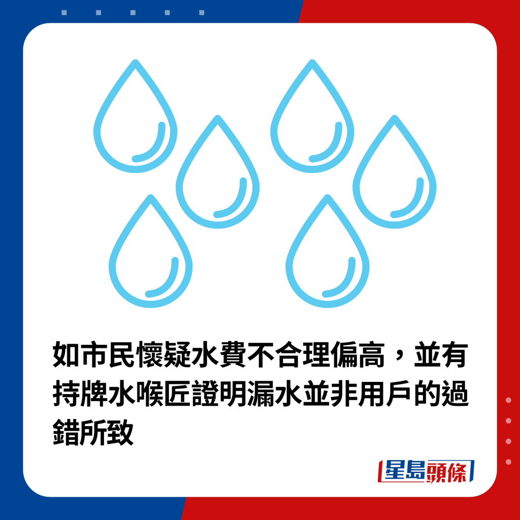 如市民怀疑水费不合理偏高，并有持牌水喉匠证明漏水并非用户的过错所致