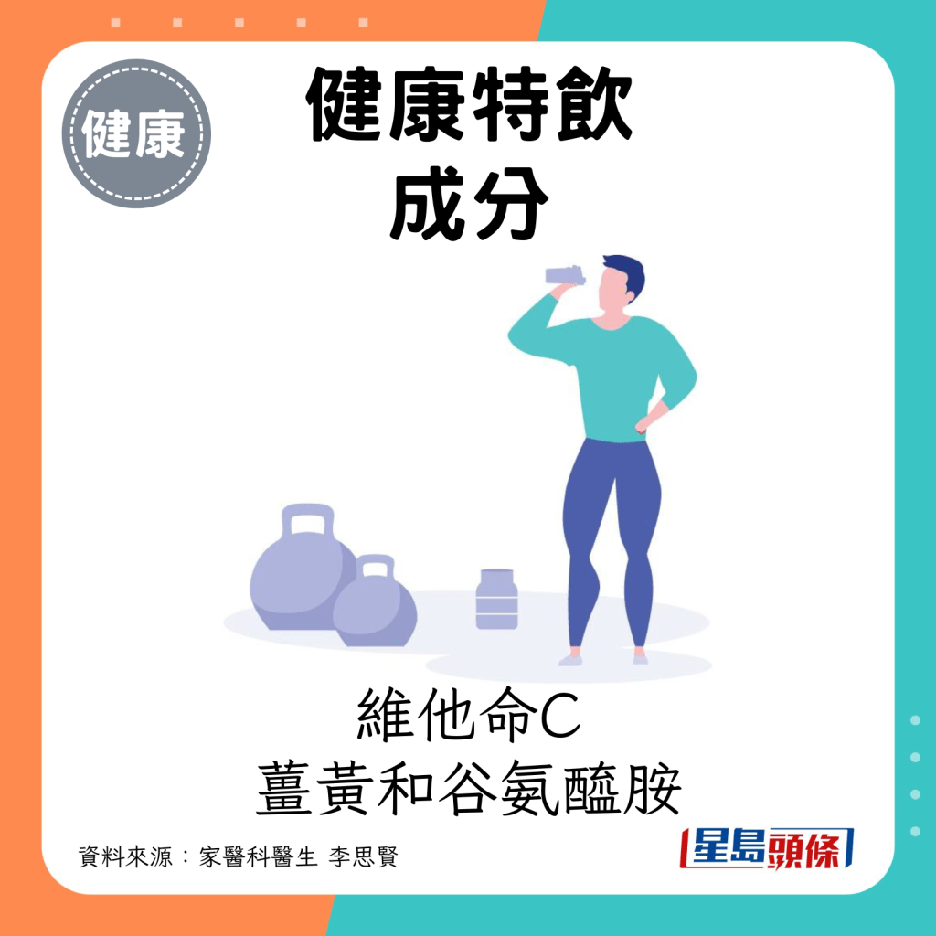 健康特飲成分：維他命C、薑黃和谷氨醯胺。