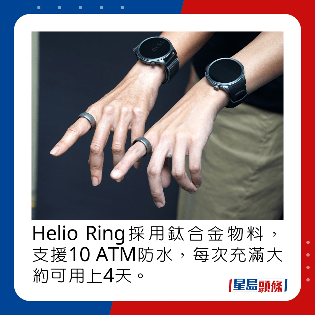 Helio Ring采用钛合金物料，支援10 ATM防水，每次充满大约可用上4天。