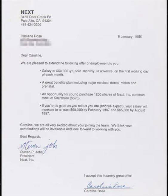 近日喬布斯於1986年親筆簽名發出的工作聘書將會競拍，售價為9.5萬美元（約74萬港元）。